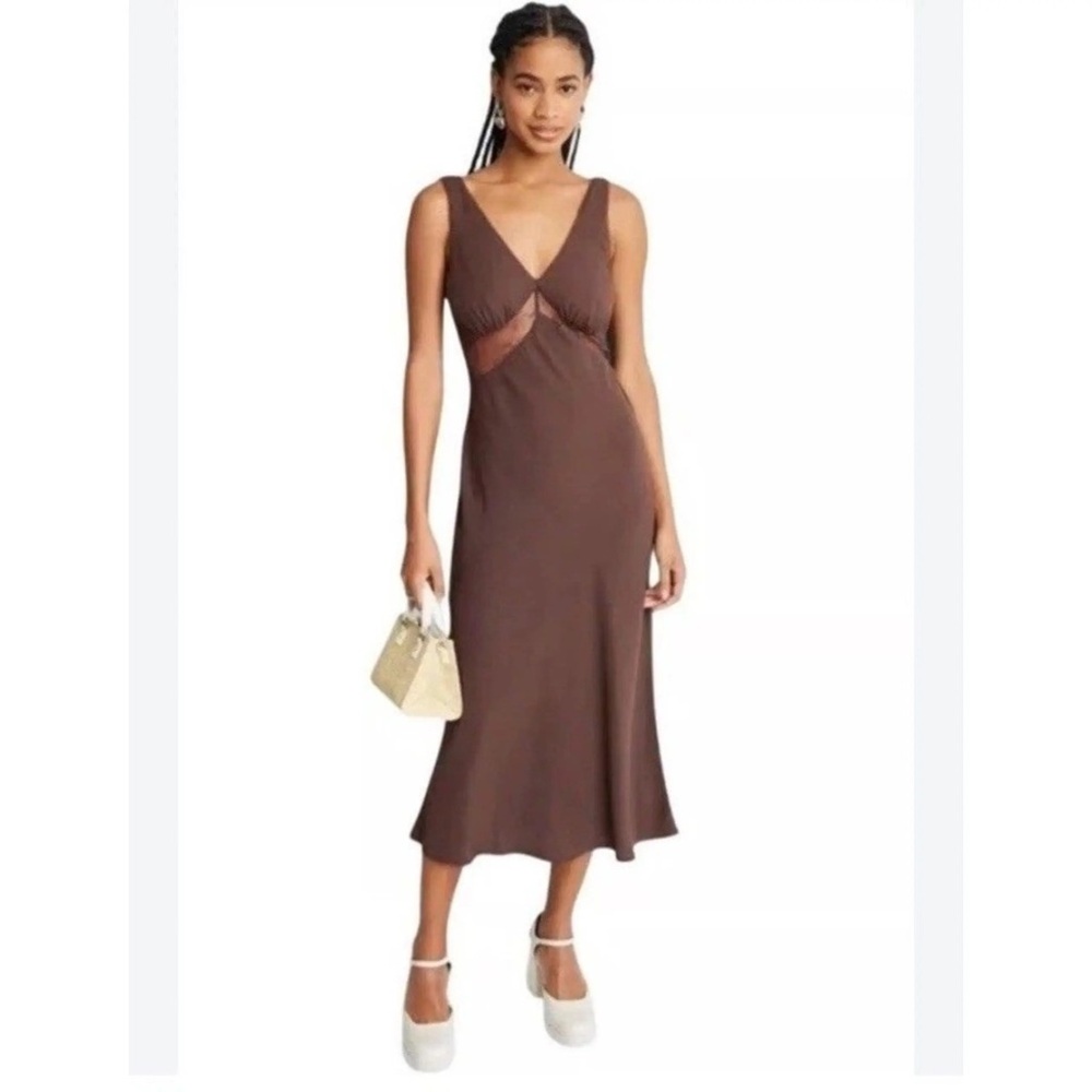 Elegant Brown Sleeveless Lace Accent Midi Dress